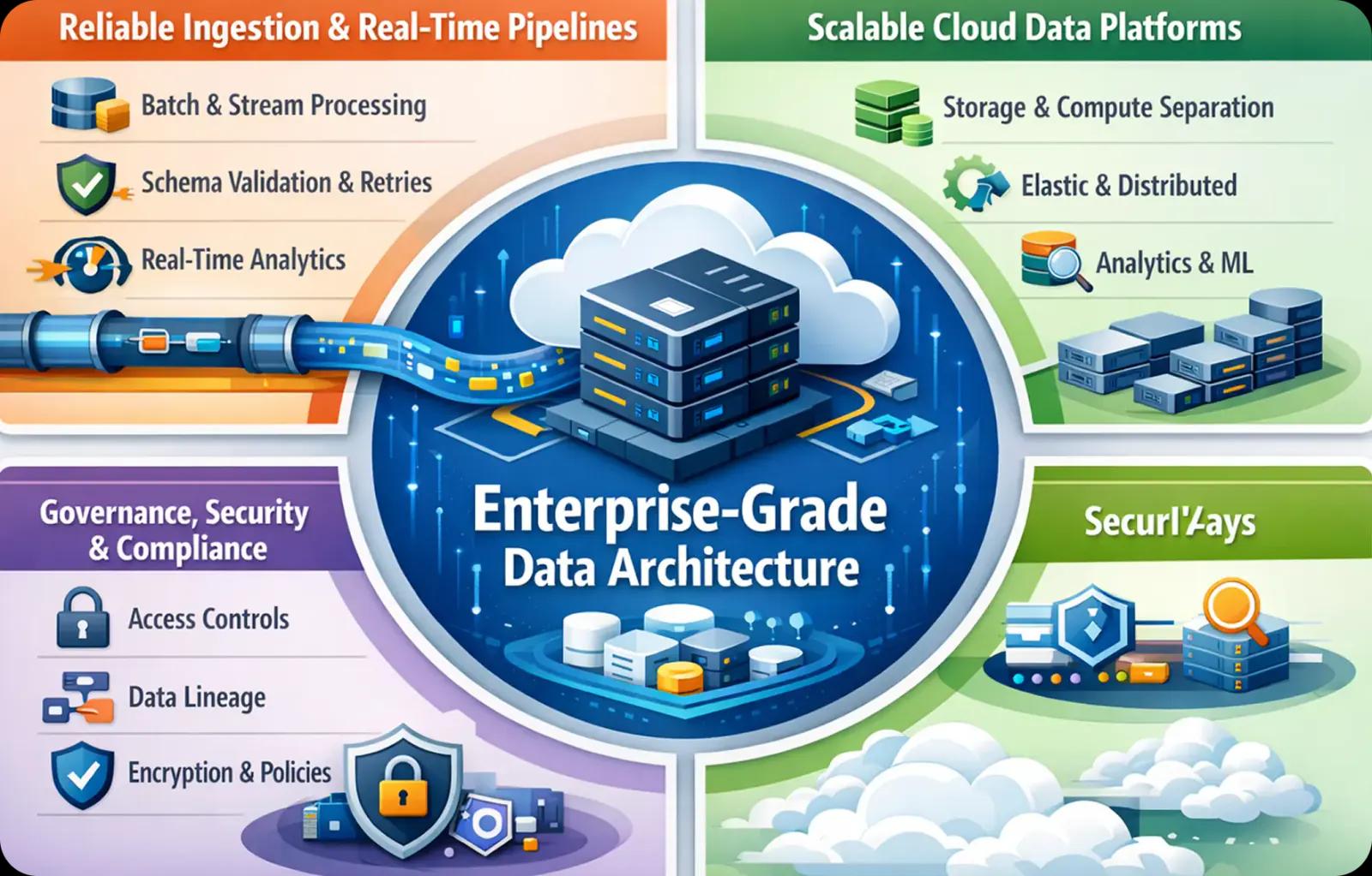 Enterprise-grade data architecture: reliable ingestion and real-time pipelines, scalable cloud data platforms, governance, security and compliance