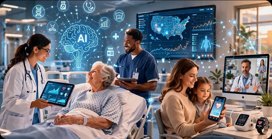 Doctors and patients using AI-powered healthcare apps and dashboards across a hospital and at home