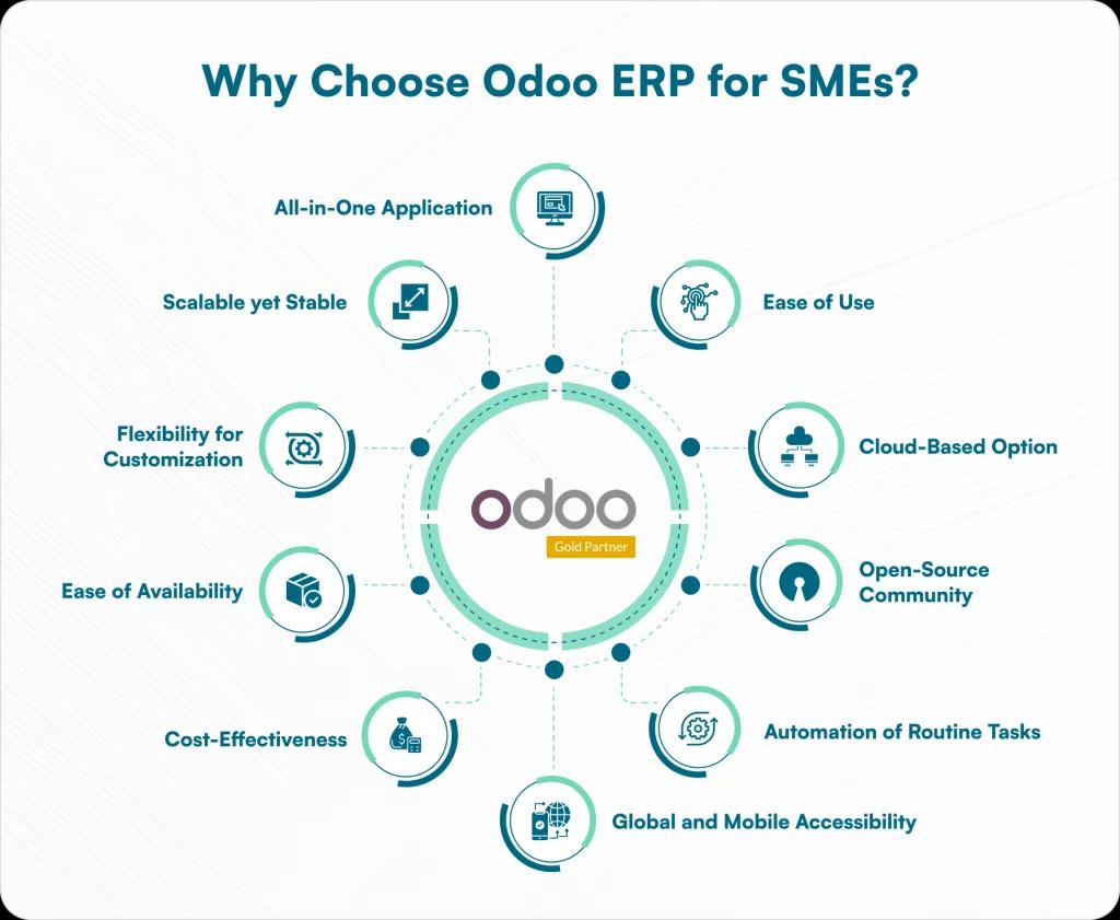Why choose Odoo ERP for SMEs: all-in-one application, scalable yet stable, flexibility for customisation, ease of availability, cost-effectiveness, ease of use, cloud-based option, open-source community, automation of routine tasks, global and mobile accessibility