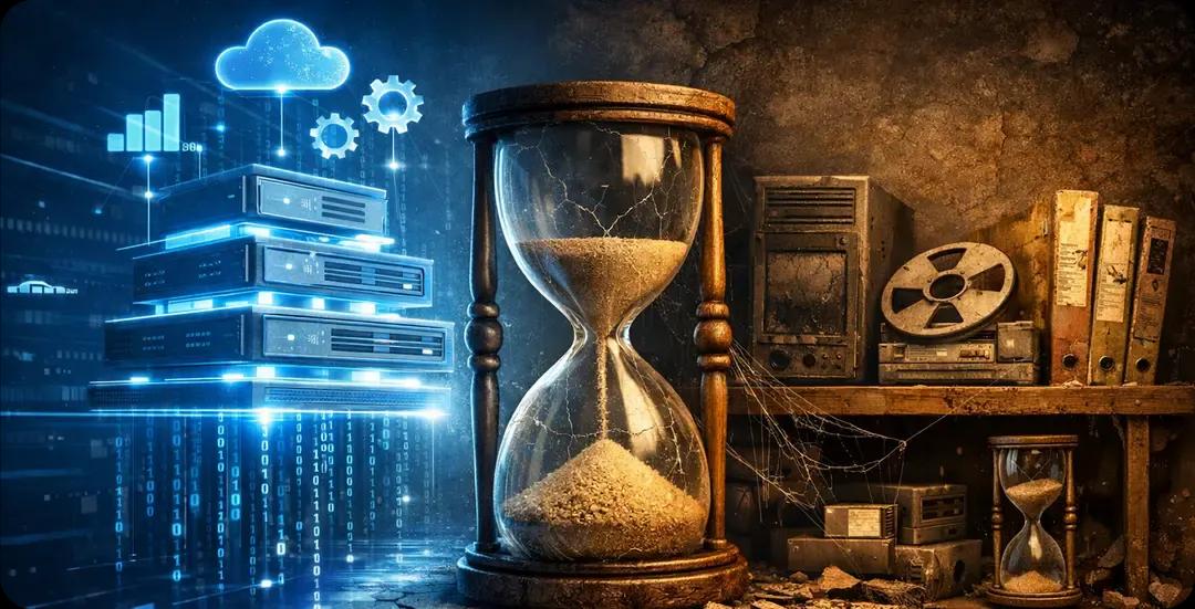 Your data architecture has a shelf life — modern cloud infrastructure beside aging, dust-covered legacy systems